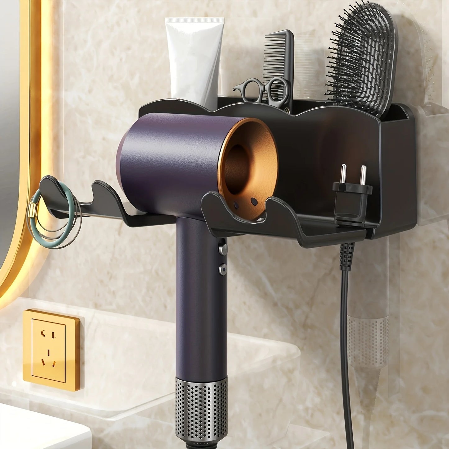 Support de Rangement pour Sèche-Cheveux – Support Mural de Salle de Bain Sans Perçage, Porte-Sèche-Cheveux avec Conduit d’Air