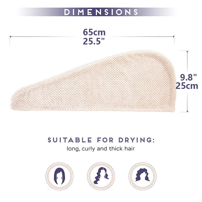 Serviette Turban pour Cheveux Unicolore – Bonnet Séchage Absorbant Texturé 25 × 65 cm avec Bouton, Accessoire Cheveux pour Femme
