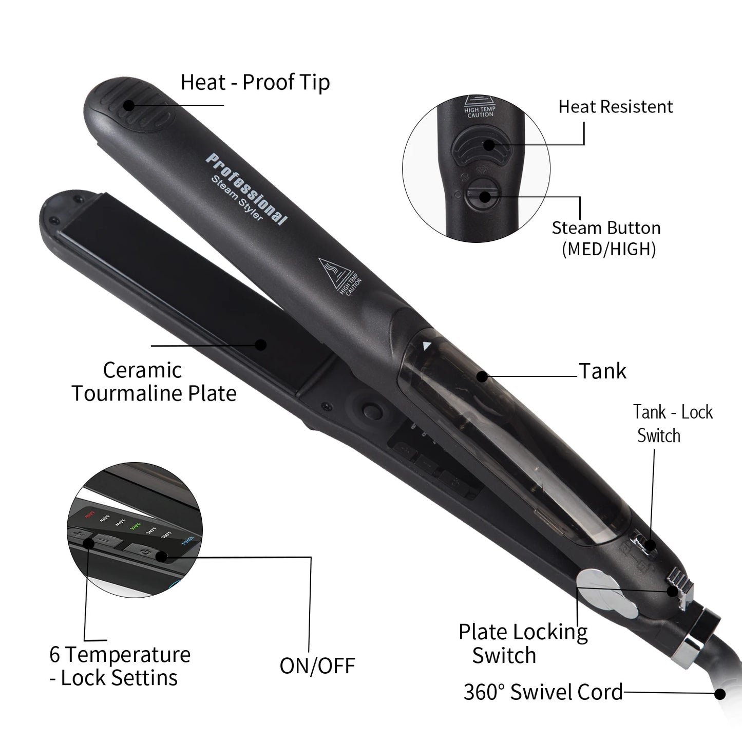 Lisseur Vapeur Céramique Professionnel 450°F – Chauffe Rapide, Vapeur Hydratante, Huile d’Argan
