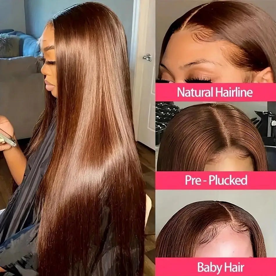 Perruque Cheveux Humains Lisses Marron Chocolat – Lace Front HD 13x6 / 13x4, Longue 30–36 Pouces