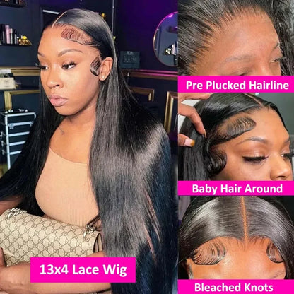 Perruque Luxe Cheveux Humains Lisses Noirs – Lace Front HD 13x6 / 13x4, Pré-Épilée, Densité 250 %, 30–40 Pouces