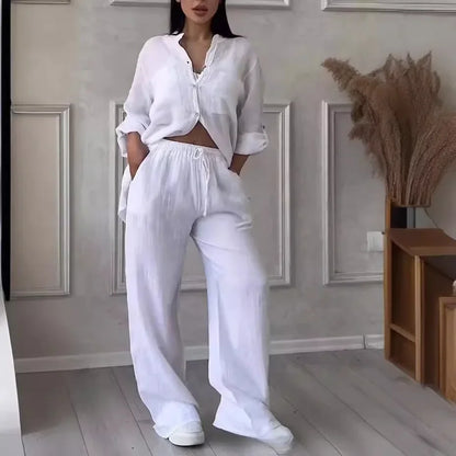Ensemble Femme Casual en Coton et Lin – Chemise Unie & Pantalon Large à Cordon
