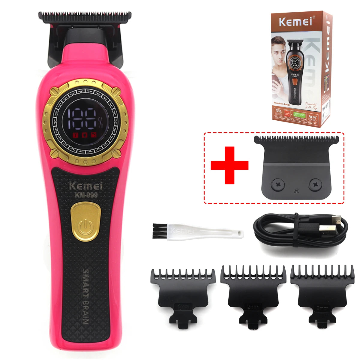 Kemei KM-999 Tondeuse Cheveux Homme – Professionnelle, Lame T DLC, Zéro Gap, USB, Écran LED