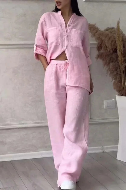 Ensemble Femme Casual en Coton et Lin – Chemise Unie & Pantalon Large à Cordon