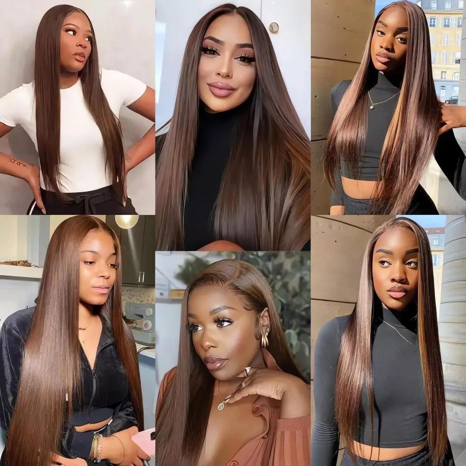 Perruque Cheveux Humains Lisses Marron Chocolat – Lace Front HD 13x6 / 13x4, Longue 30–36 Pouces