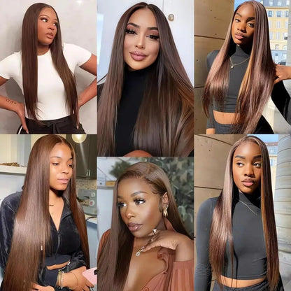 Perruque Cheveux Humains Lisses Marron Chocolat – Lace Front HD 13x6 / 13x4, Longue 30–36 Pouces