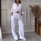 Ensemble Femme Casual en Coton et Lin – Chemise Unie & Pantalon Large à Cordon