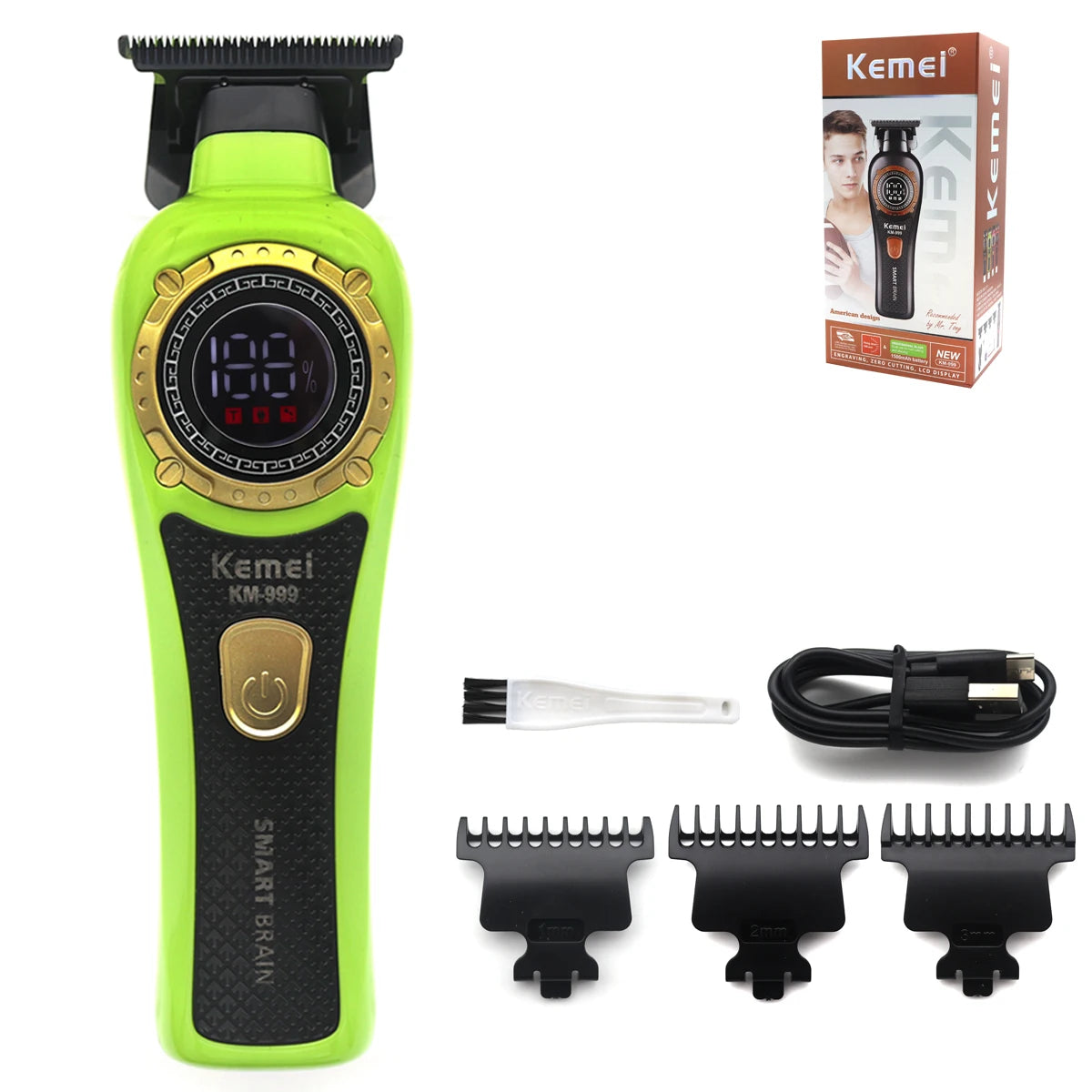 Kemei KM-999 Tondeuse Cheveux Homme – Professionnelle, Lame T DLC, Zéro Gap, USB, Écran LED