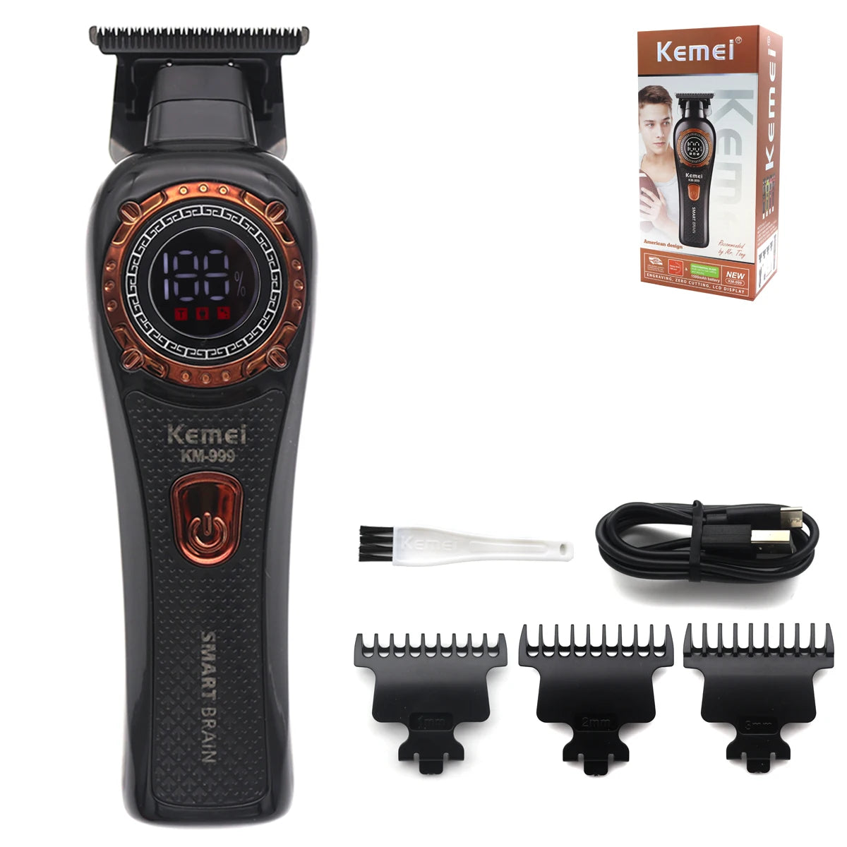 Kemei KM-999 Tondeuse Cheveux Homme – Professionnelle, Lame T DLC, Zéro Gap, USB, Écran LED