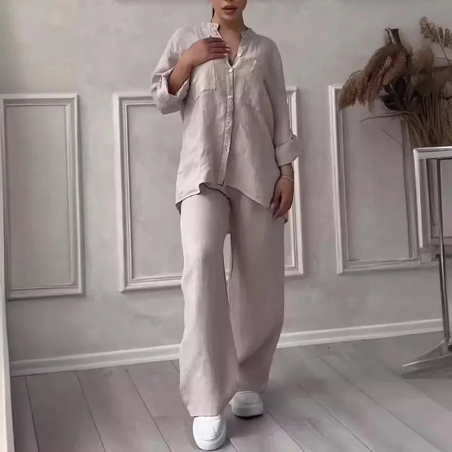 Ensemble Femme Casual en Coton et Lin – Chemise Unie & Pantalon Large à Cordon