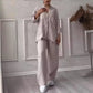 Ensemble Femme Casual en Coton et Lin – Chemise Unie & Pantalon Large à Cordon