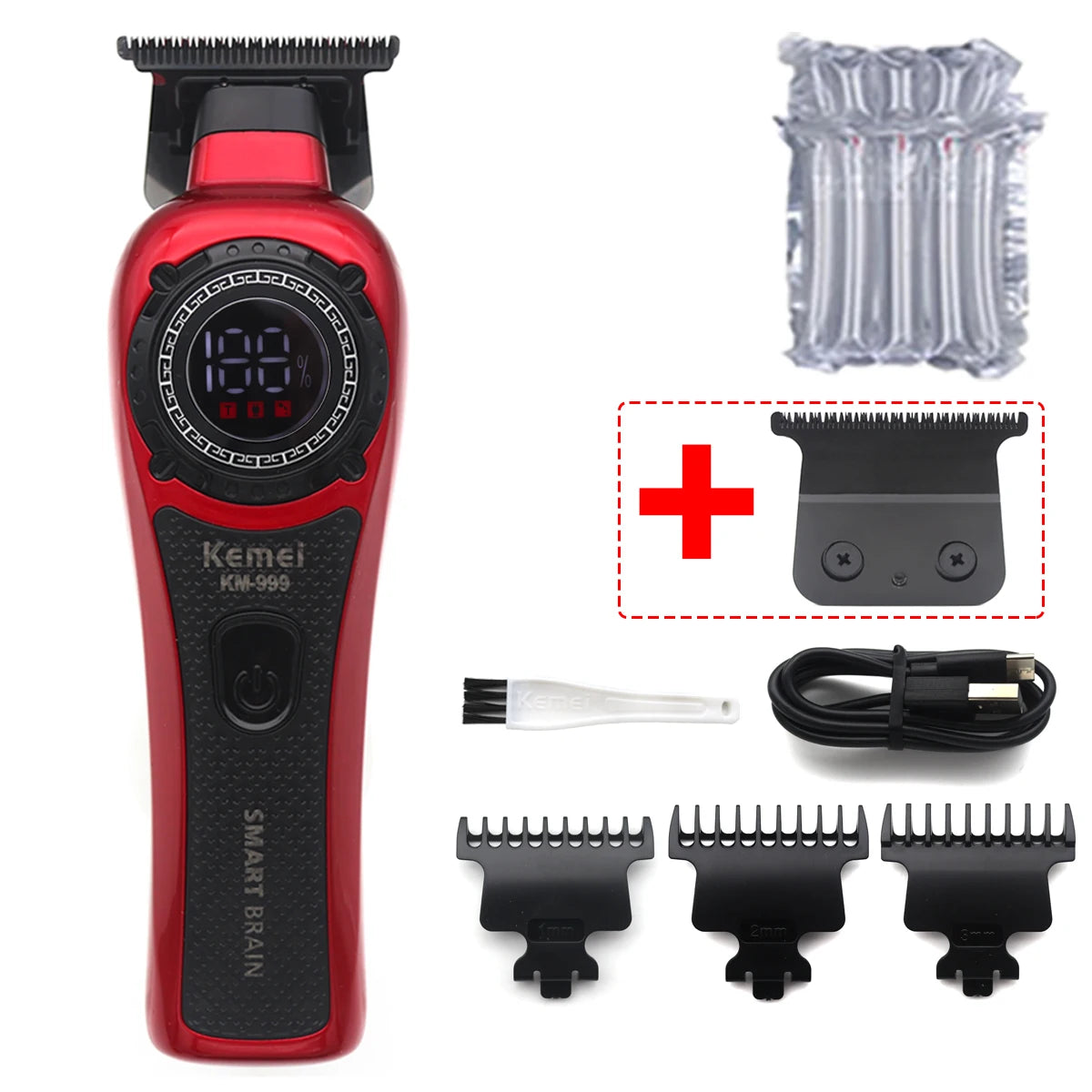 Kemei KM-999 Tondeuse Cheveux Homme – Professionnelle, Lame T DLC, Zéro Gap, USB, Écran LED