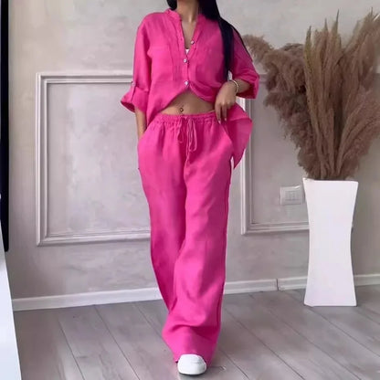 Ensemble Femme Casual en Coton et Lin – Chemise Unie & Pantalon Large à Cordon