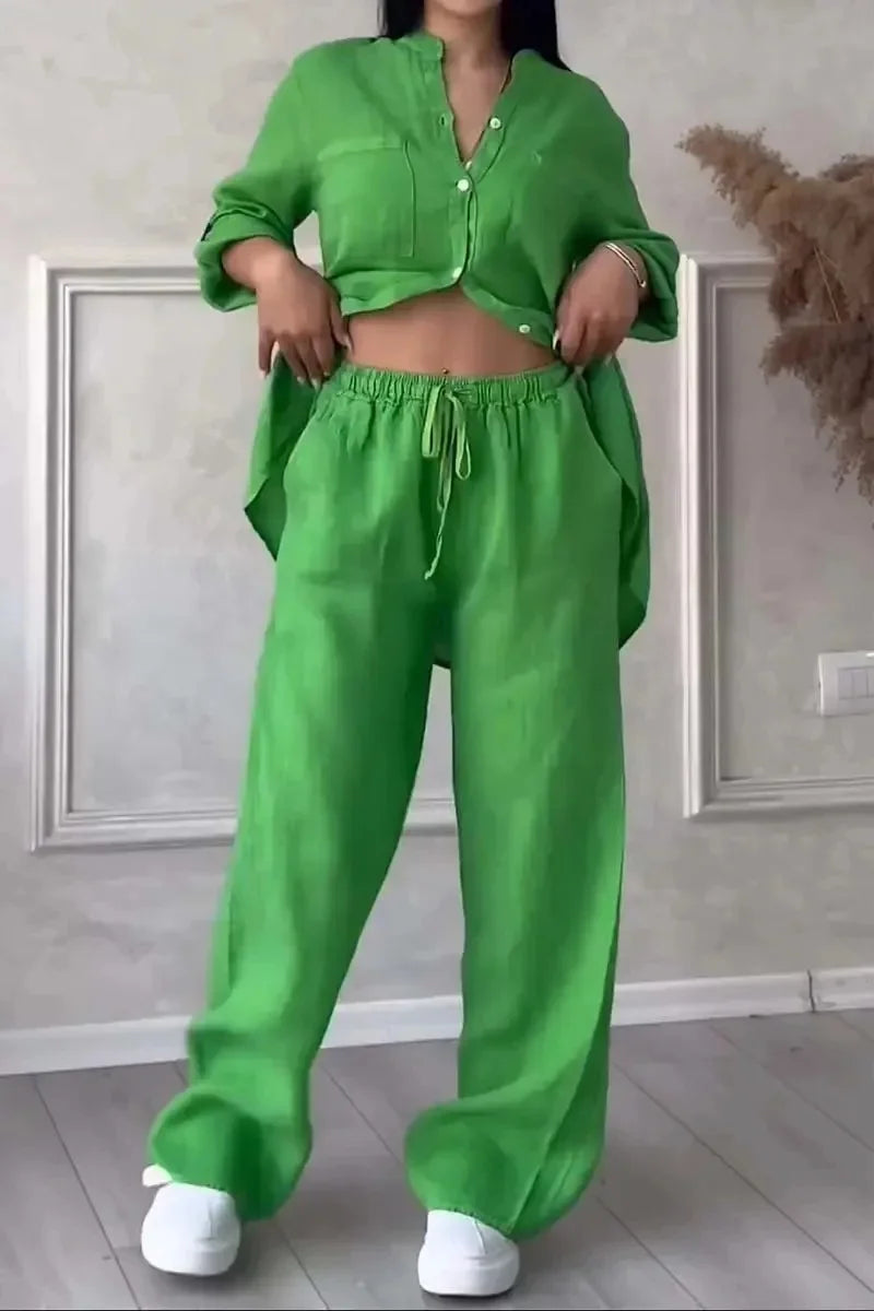 Ensemble Femme Casual en Coton et Lin – Chemise Unie & Pantalon Large à Cordon