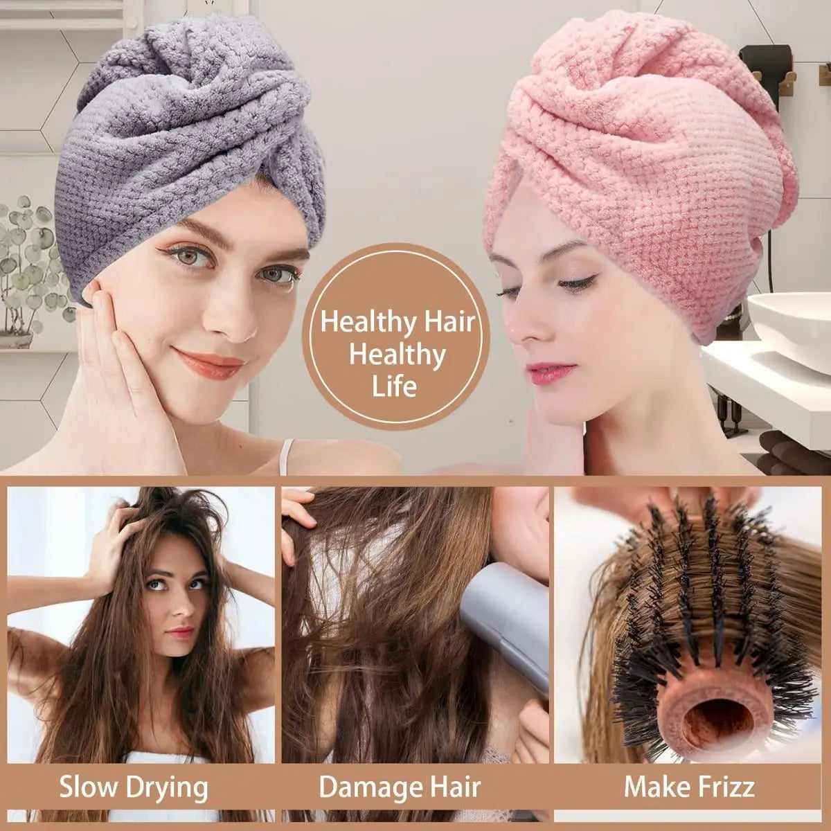 Serviette Turban pour Cheveux Unicolore – Bonnet Séchage Absorbant Texturé 25 × 65 cm avec Bouton, Accessoire Cheveux pour Femme