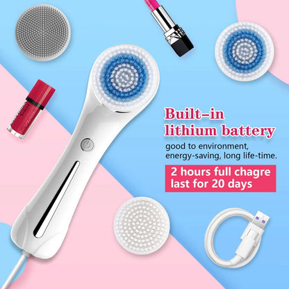 Face Scrubber Sonic Facial Cleansing Brush with 5 Interchangeable Brush Head IPX7 Waterproof Wireless Rechargeable for Massaging