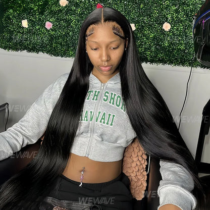 Perruque Luxe Cheveux Humains Lisses Noirs – Lace Front HD 13x6 / 13x4, Pré-Épilée, Densité 250 %, 30–40 Pouces