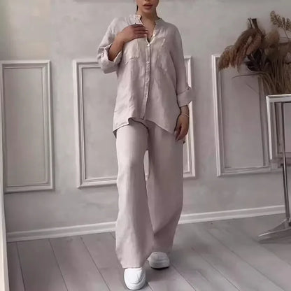 Ensemble Femme Casual en Coton et Lin – Chemise Unie & Pantalon Large à Cordon