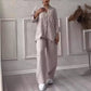 Ensemble Femme Casual en Coton et Lin – Chemise Unie & Pantalon Large à Cordon
