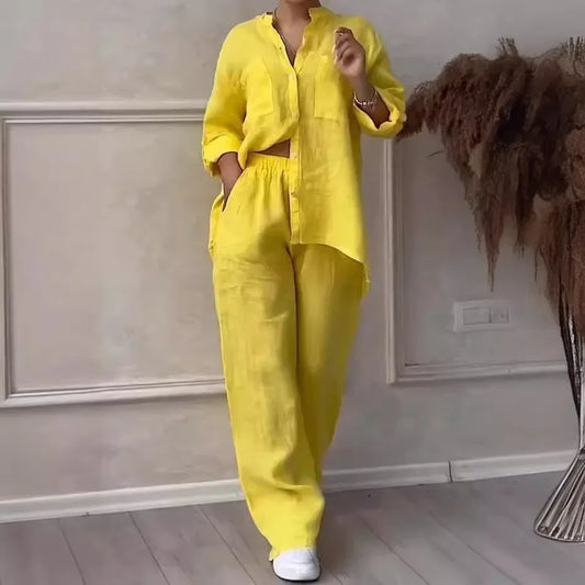Ensemble Femme Casual en Coton et Lin – Chemise Unie & Pantalon Large à Cordon