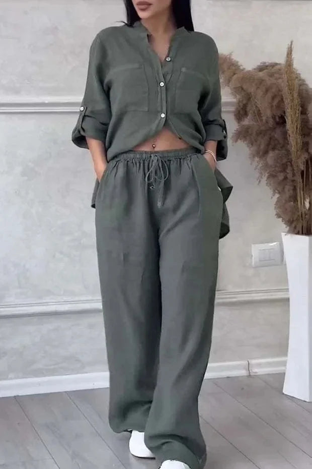 Ensemble Femme Casual en Coton et Lin – Chemise Unie & Pantalon Large à Cordon