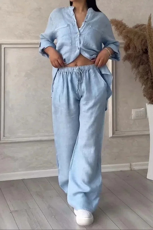 Ensemble Femme Casual en Coton et Lin – Chemise Unie & Pantalon Large à Cordon