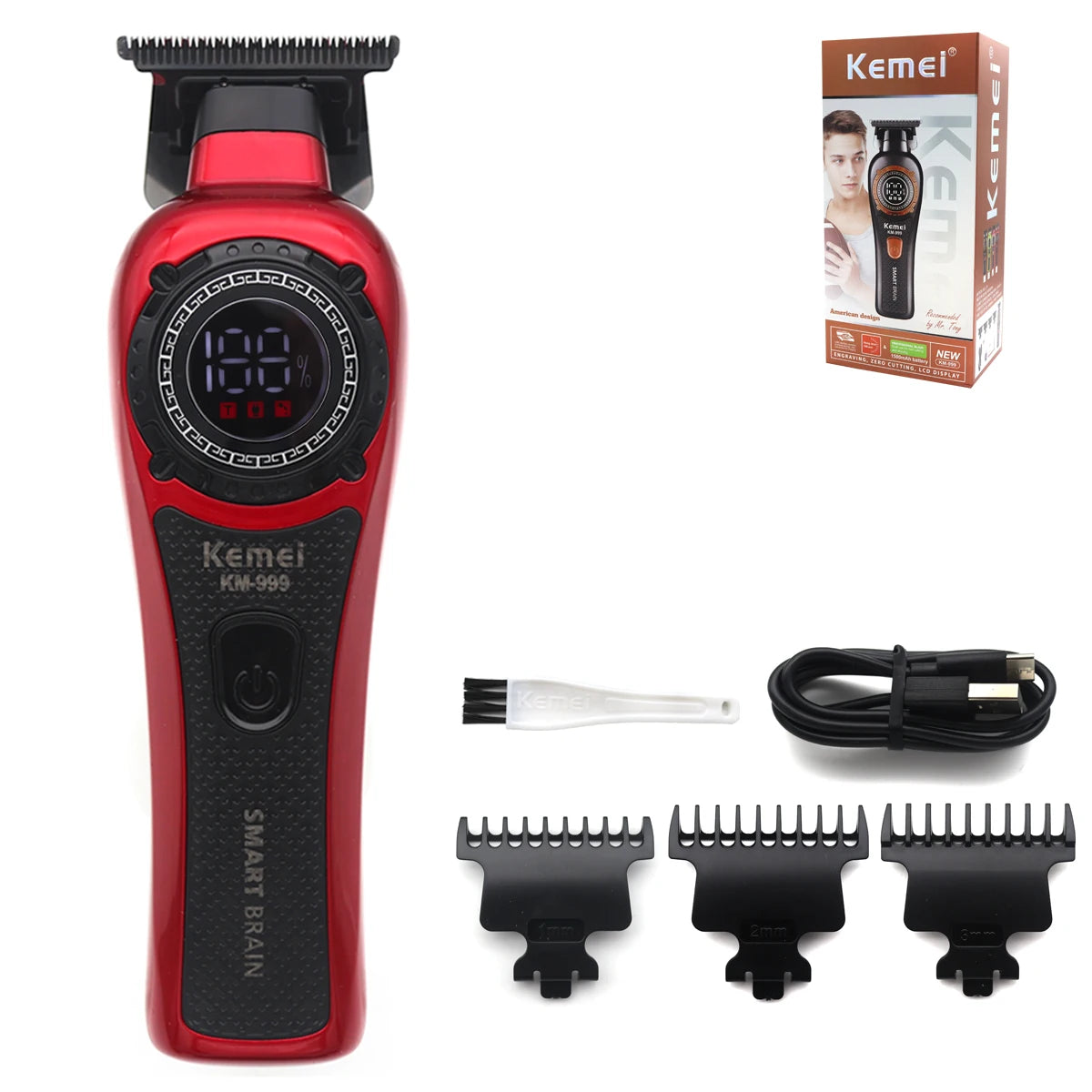 Kemei KM-999 Tondeuse Cheveux Homme – Professionnelle, Lame T DLC, Zéro Gap, USB, Écran LED