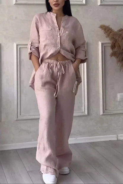 Ensemble Femme Casual en Coton et Lin – Chemise Unie & Pantalon Large à Cordon