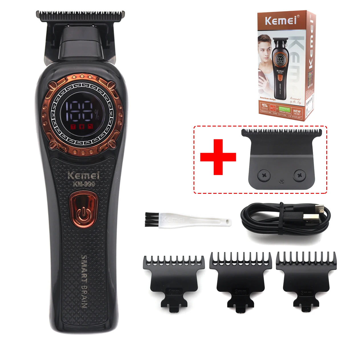 Kemei KM-999 Tondeuse Cheveux Homme – Professionnelle, Lame T DLC, Zéro Gap, USB, Écran LED