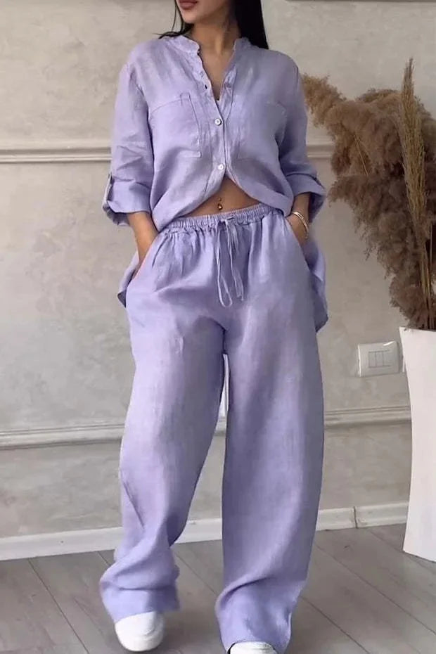 Ensemble Femme Casual en Coton et Lin – Chemise Unie & Pantalon Large à Cordon