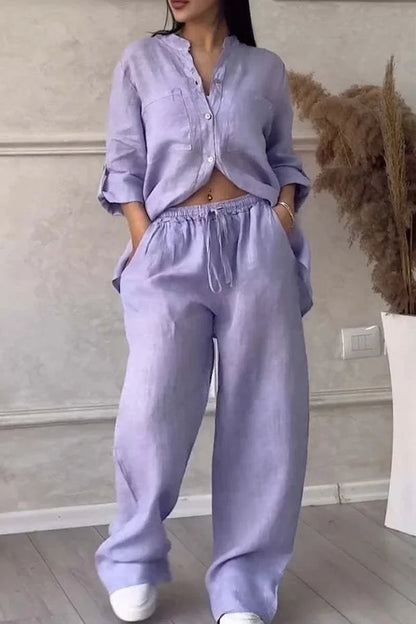 Ensemble Femme Casual en Coton et Lin – Chemise Unie & Pantalon Large à Cordon