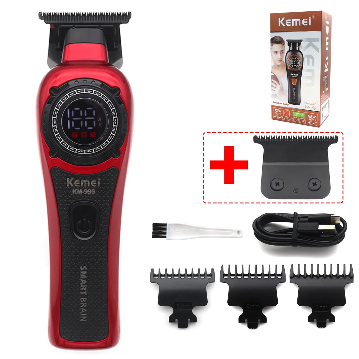 Kemei KM-999 Tondeuse Cheveux Homme – Professionnelle, Lame T DLC, Zéro Gap, USB, Écran LED