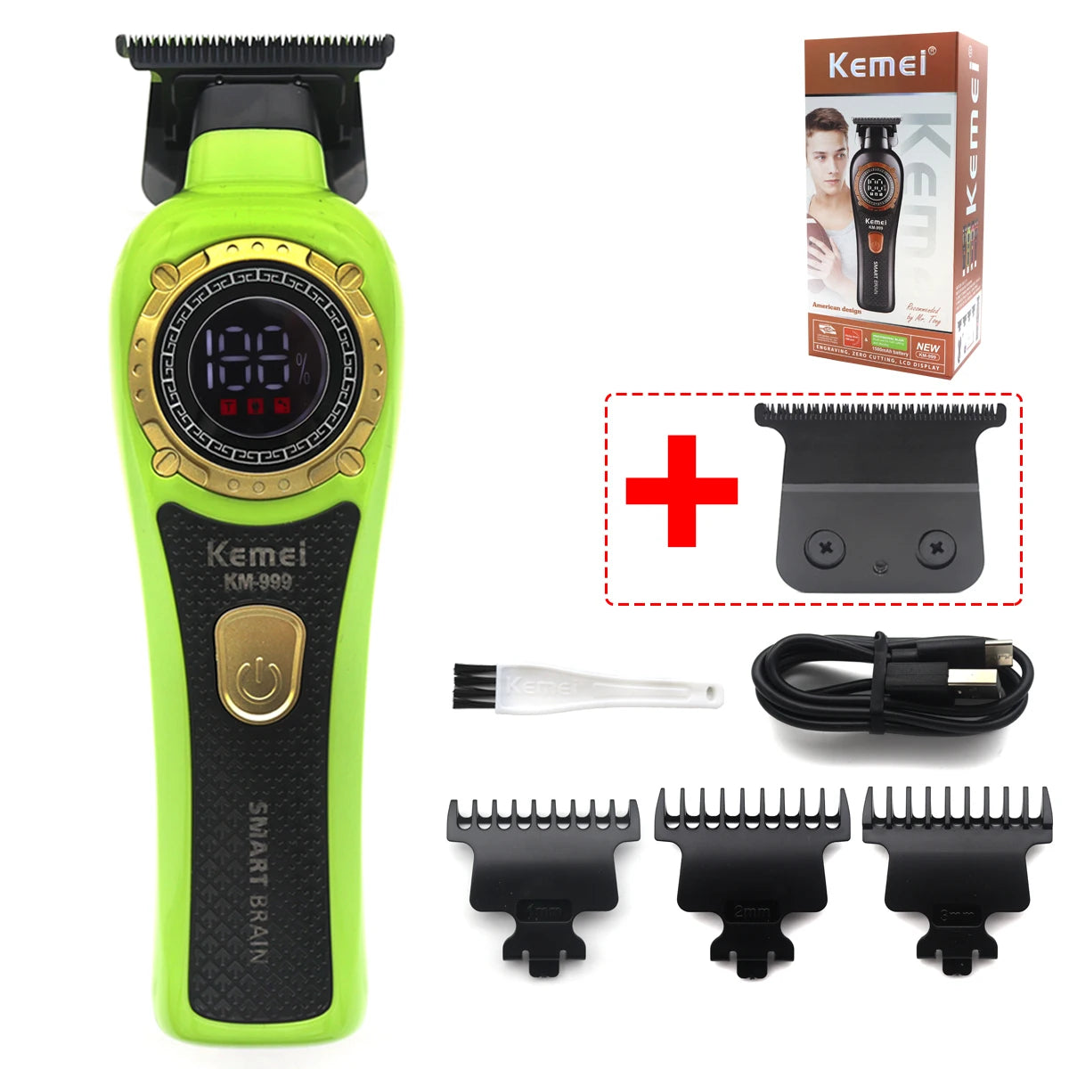 Kemei KM-999 Tondeuse Cheveux Homme – Professionnelle, Lame T DLC, Zéro Gap, USB, Écran LED