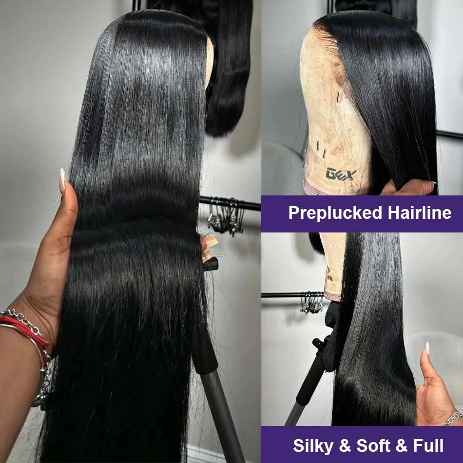 Perruque Luxe Cheveux Humains Lisses Noirs – Lace Front HD 13x6 / 13x4, Pré-Épilée, Densité 250 %, 30–40 Pouces