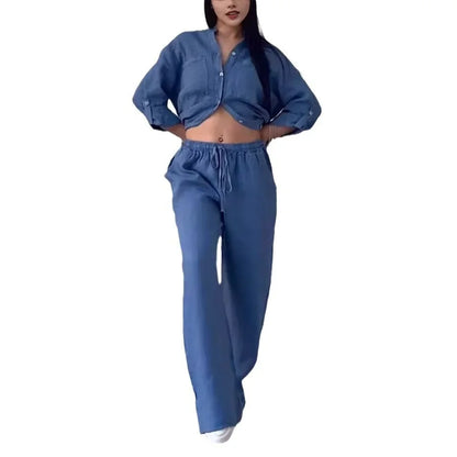 Ensemble Femme Casual en Coton et Lin – Chemise Unie & Pantalon Large à Cordon