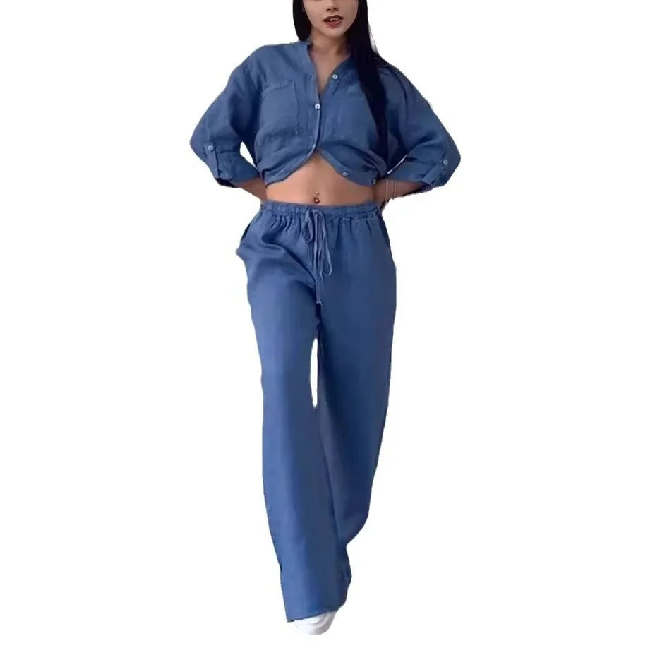 Ensemble Femme Casual en Coton et Lin – Chemise Unie & Pantalon Large à Cordon