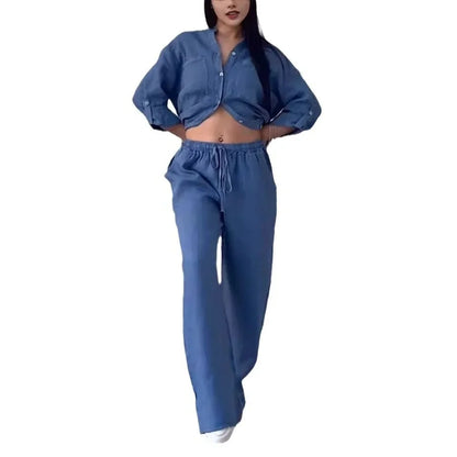Ensemble Femme Casual en Coton et Lin – Chemise Unie & Pantalon Large à Cordon