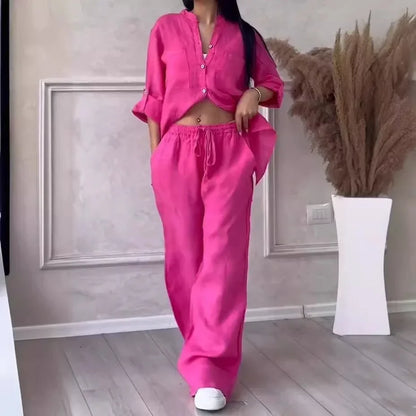 Ensemble Femme Casual en Coton et Lin – Chemise Unie & Pantalon Large à Cordon